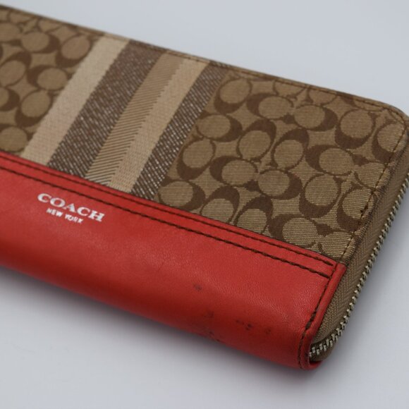 Coach Red Leather and Signature Brown Canvas Long Zip Around Wallet - Picture 2 of 7
